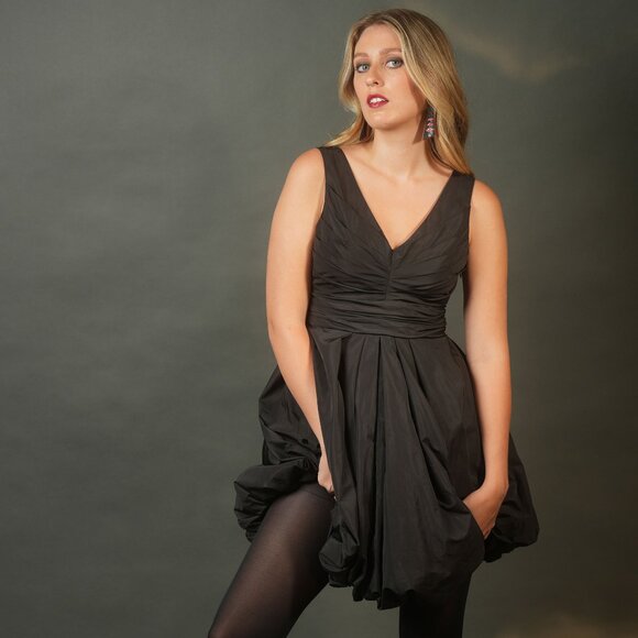 Bubble Hem Black Party Dress by Studio 75 with V-Neck and A-Line, Size S - Picture 3 of 13